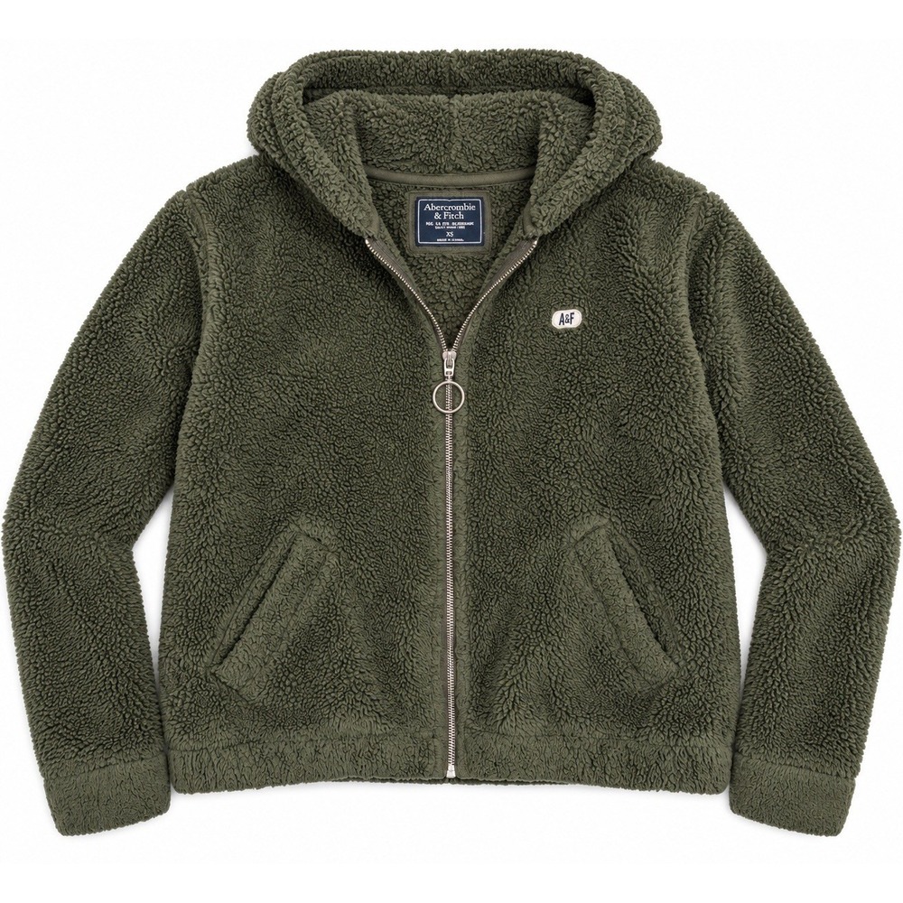 Abercrombie & Fitch Sherpa Fleece Hoodie Olive Green Y2K CabinCore Full Zip XS